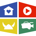 Four colorful squares with various white icons.